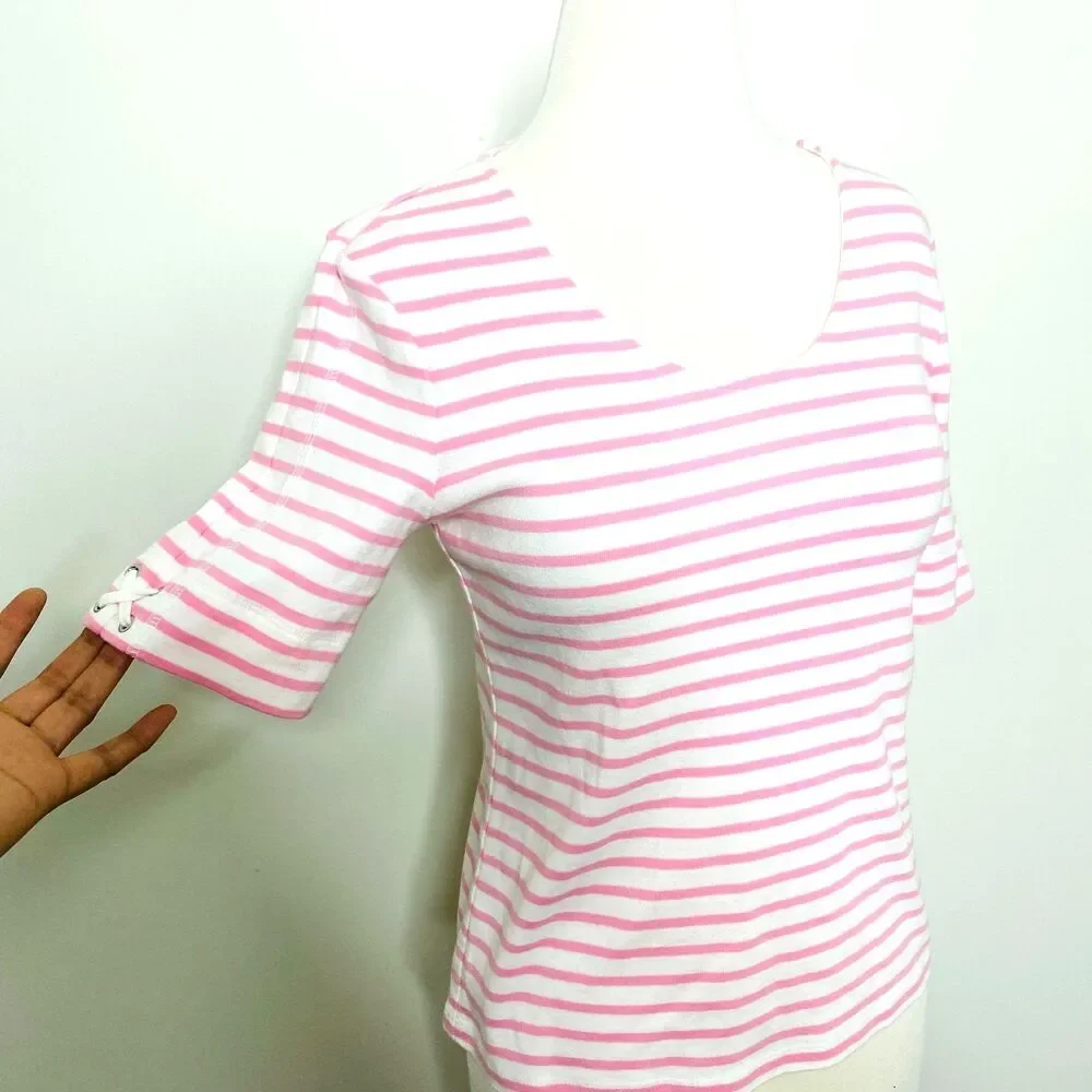 Talbots Pink White Striped Cotton Elbow Sleeve Crewneck Top Shirt Womens Sz SP - Picture 5 of 6